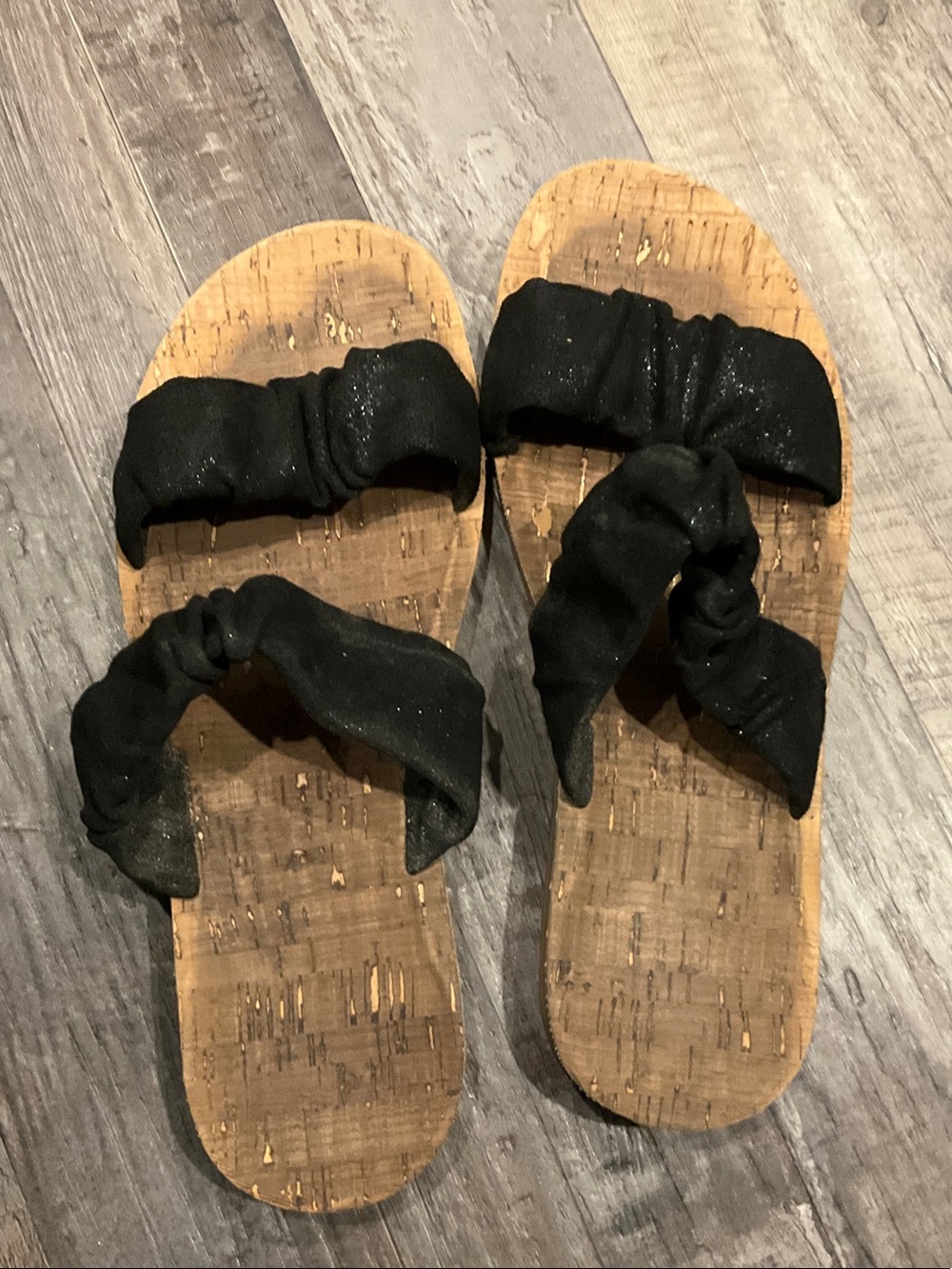 Amazon Black Cork Slide Sandals with Knotted Fabric Straps